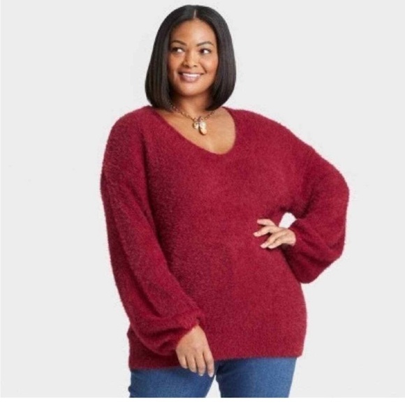 NWT Ava & Viv Fuzzy V-Neck Red Oversized Winter Valentines Sweater Sz XXL - Picture 1 of 9